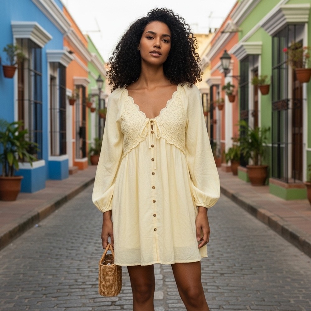 Listicle Dress Womens M Cream Yellow Boho Lace Tie Front Button Mini Excellent